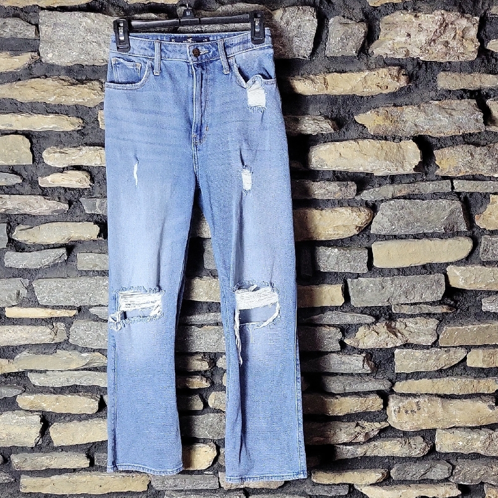 Hollister Blue Straight Leg Jeans with Distressed Details Size 25